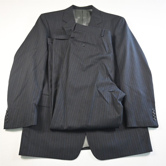 Tallia 42L 36x32 Gray Striped 100% Wool Mens Jacket Pants Suit